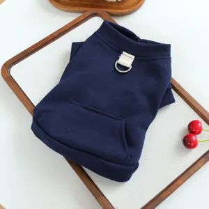 Comfortable dark blue pet dog hoodie with D-ring and front pocket for cute small dogs.