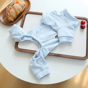 Detail view of the soft blue striped pet jumpsuit, comfortable homewear for small dogs and cats.