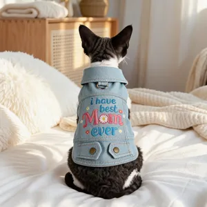 Cute denim pet vest for small dogs and cats, featuring lovely letter embroidery and daisy decor.