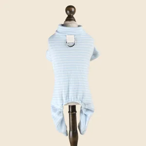 Blue striped pet jumpsuit with turtleneck and D-ring, cozy soft four-leg dog clothes for indoor wear.