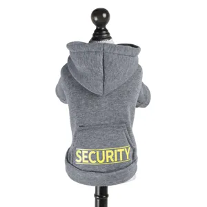 Sweat à capuche gris pour petits chiens et chats avec capuche, poche et imprimé security.