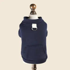 Dark blue pet hoodie detail featuring a handy front pocket and convenient leash D-ring attachment.