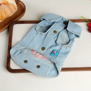 Cute pet denim jacket with lapel and heart embroidery, stylish clothes for small dogs.