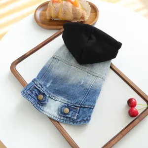 Stylish denim hoodie for small dogs, retro vintage puppy clothes with black hood.