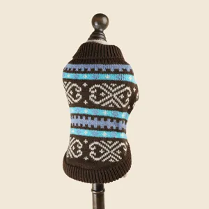 Detailed view of the cute Nordic style knitted pet sweater in brown and blue, soft texture.