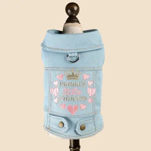 Cute pet dog denim jacket detail view, light blue lapel puppy coat with crown embroidery.