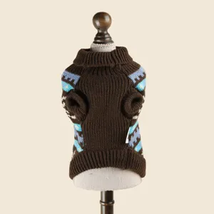 Brown knit pet sweater for small dogs with blue nordic pattern, cozy winter puppy apparel detail.