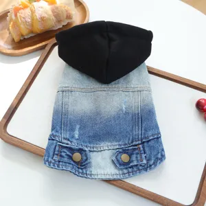 Cute pet denim jacket with black hood for small dogs, vintage trendy puppy apparel stylish.