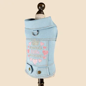 Cute pet denim jacket with embroidery, lapel collar, and metal leash d-ring for small dogs.