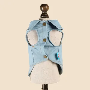Detailed close-up of pet denim vest lapel design, soft fabric for small dogs and puppies.