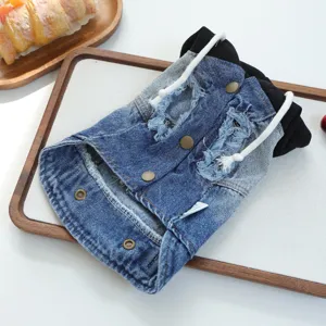 Vintage denim pet hoodie for small dogs, stylish distressed puppy jacket with hood. Detail view.
