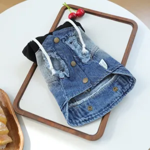 Pet denim hoodie stylish puppy clothes retro hooded dog jacket with metal buttons and pockets