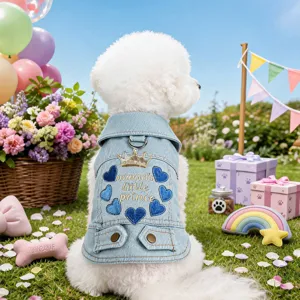 Pet denim jacket for small dogs, cute lapel design with crown heart embroidery detail back.