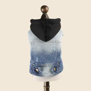 Cute denim pet hoodie for small dogs, vintage washed style with black hood and pockets.