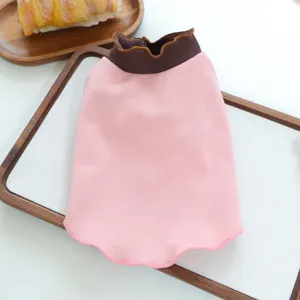 Cute pink pet dog sweater with brown ruffled collar, lightweight breathable puppy base shirt.