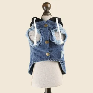 Pet denim hoodie for small dogs puppy vintage casual jacket stylish blue pet apparel puppy coat