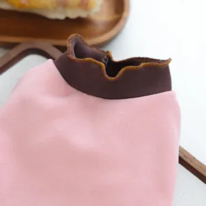 Detailed view of pink pet shirt with brown rolled mock neck, soft breathable fabric for dogs.