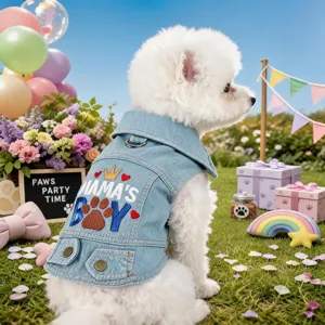 Cute puppy denim jacket for small dogs, stylish lapel and embroidered mama's boy back design.