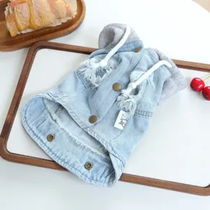 Cute denim pet hoodie for small dogs, vintage style with grey hood and cute frayed edges.