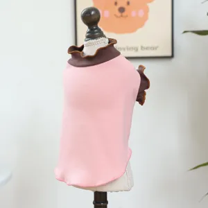 Pink pet dog t-shirt with brown rolled ruffles, lightweight breathable puppy shirt.