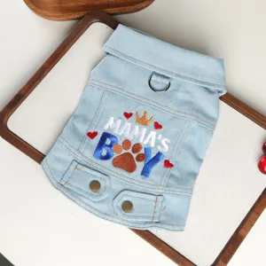 Cute pet dog denim jacket with lapel and embroidery for small dogs stylish detail view