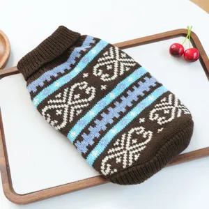 Cozy retro Nordic knit pet sweater for dogs and cats, warm turtleneck winter apparel, detail view.