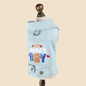 Detailed view of cute pet dog denim jacket, stylish lapel design with cute embroidery for small dogs.