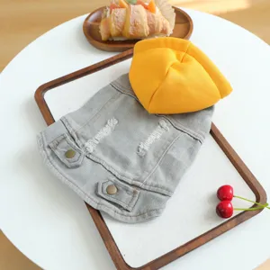 Fashionable pet denim jacket with yellow hood trendy puppy clothes for small dogs