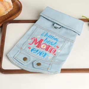 Cute embroidered denim dog jacket detail view, stylish lapel pet clothes for small puppies.