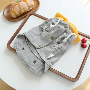 Cute pet denim hoodie for small dogs, vintage distressed design with yellow hood and snap buttons.