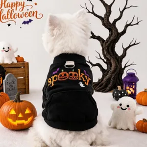 Cute black dog Halloween hoodie with spooky embroidery and cozy fabric for small pets detail view.