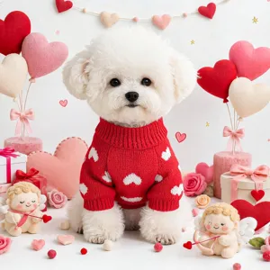 Cute red dog sweater with white heart pattern, ideal valentine pet apparel.