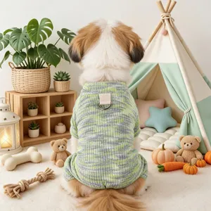 Cozy knit dog jumpsuit with D-ring green grey patterned pet pajama for small puppies daily
