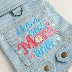 Cute puppy denim jacket detail, small dog spring pet clothes with embroidery and D-ring.