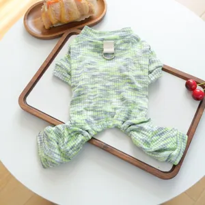 Detailed view of the pet knit jumpsuit with D-ring, stylish green striped dog clothes for small dogs.