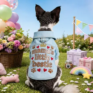 Blue denim pet shirt detail featuring cute crown heart embroidery and convenient leash D-ring.