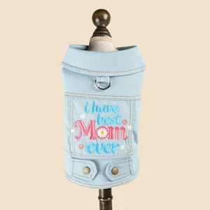 Cute denim pet dog clothes with lapel embroidery and D-ring for small puppies stylish