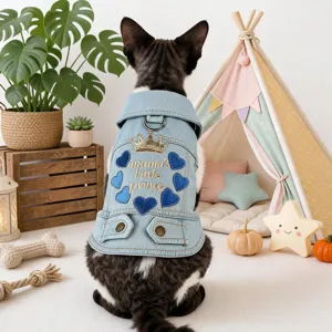 Blue denim pet vest for small cats and dogs, featuring cute crown and heart embroidery details.