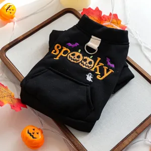 Halloween black pet dog hoodie with spooky pumpkin embroidery and D-ring detail for small puppies.