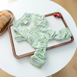 Cozy knit dog pajamas with D-ring, breathable striped pet jumpsuit for small puppies spring autumn.
