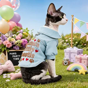 Light blue denim cat shirt with sparkly rhinestone embroidery, cute crown and paw print pet apparel.