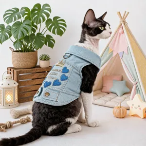 Adorable blue denim pet vest featuring heart patches and crown embroidery for small cats dogs.