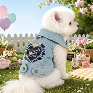 Cute denim dog jacket for small puppies, vintage lapel pet clothes with embroidery details.