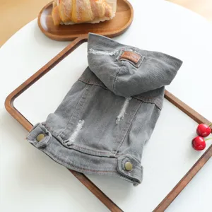 Grey pet denim hoodie detail, distressed design with cute hood and metal buttons.