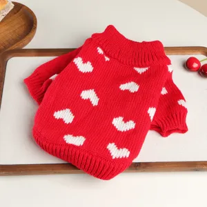 Red knitted pet sweater with white hearts design for small dogs and puppies, warm and cute.