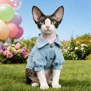 Blue denim pet shirt for small cats and dogs, stylish outdoor apparel with metal buttons.
