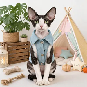 Detail shot of stylish pet denim vest with lapel collar, ideal for small cats and cute dogs.