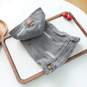 Stylish grey pet denim hooded jacket with distressed design for cute cats and dogs wear