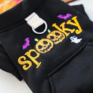 Cute Halloween pet hoodie for small dogs, black spooky embroidered puppy clothes with D-ring.