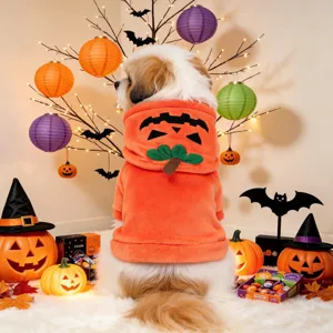 Cute pet dog Halloween pumpkin hoodie costume soft plush warm puppy apparel fall winter clothing